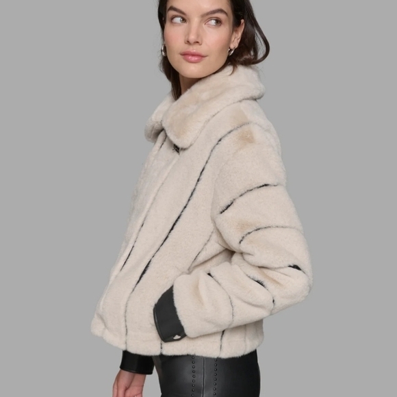 Elegant Cream and Black Faux Mink Lagerfeld Bomber Jacket - Picture 3 of 8
